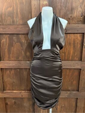 Showpo Chocolate Satin Halter Ruched Mini Dress